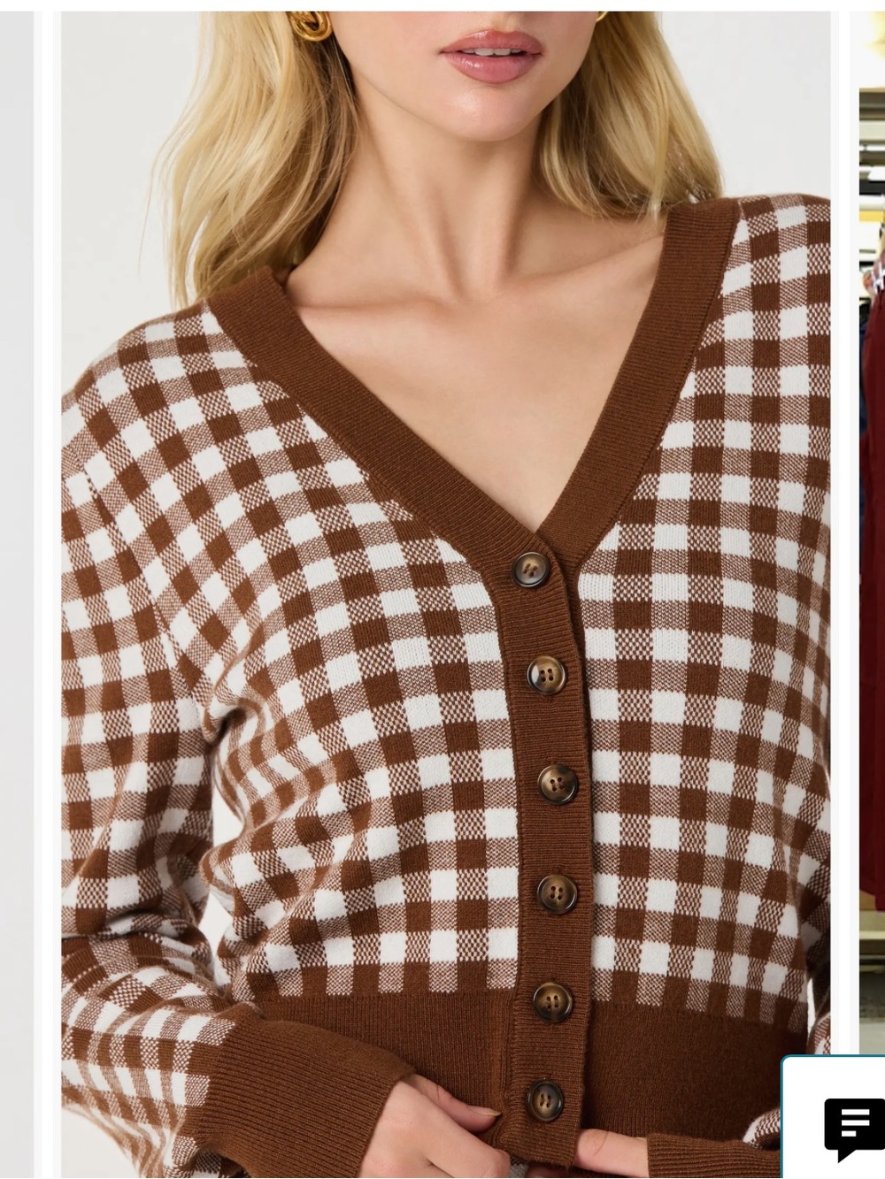 ASTR Brown & White Gingham V-Neck Button Cardigan